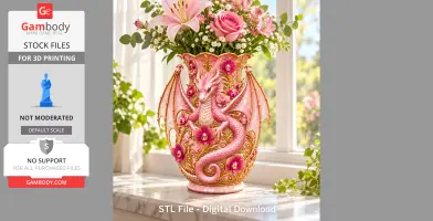 Intricately designed pink dragon vase adorned with flowers, perfect for 3D printing.