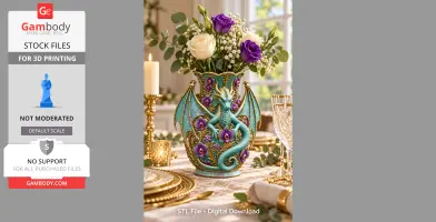 Ornate vase with a dragon design and purple orchids, holding flowers, on a decorated table setting.