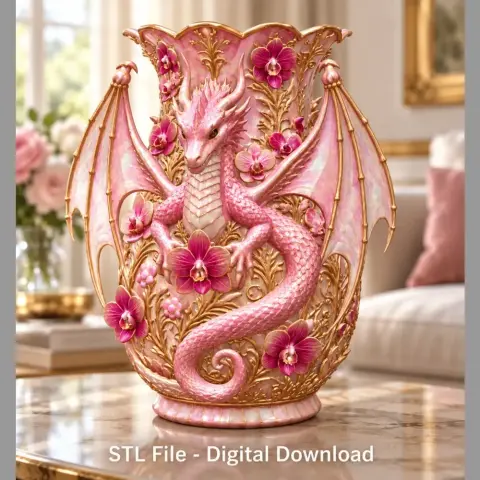 Pink dragon vase with floral accents and intricate detailing, designed for 3D printing.
