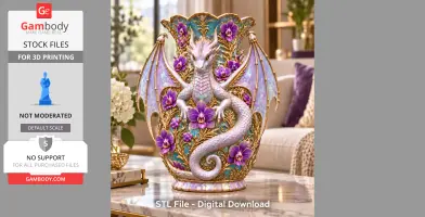 A detailed vase with a dragon and purple orchids, showcasing intricate fantasy design elements.