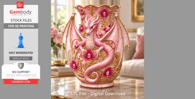 Ornate pink dragon vase embellished with gold details and orchid flowers, suitable for 3D printing.