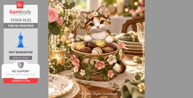 A cat with a flower crown peeks from a decorative bowl filled with assorted chocolates.