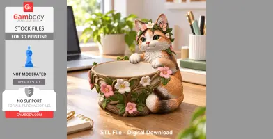 A cute cat figurine with a flower crown and floral trinket bowl, designed for 3D printing.