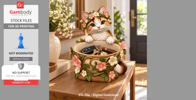 A cute cat with a flower crown peeks over a decorative bowl adorned with flowers, holding keys.