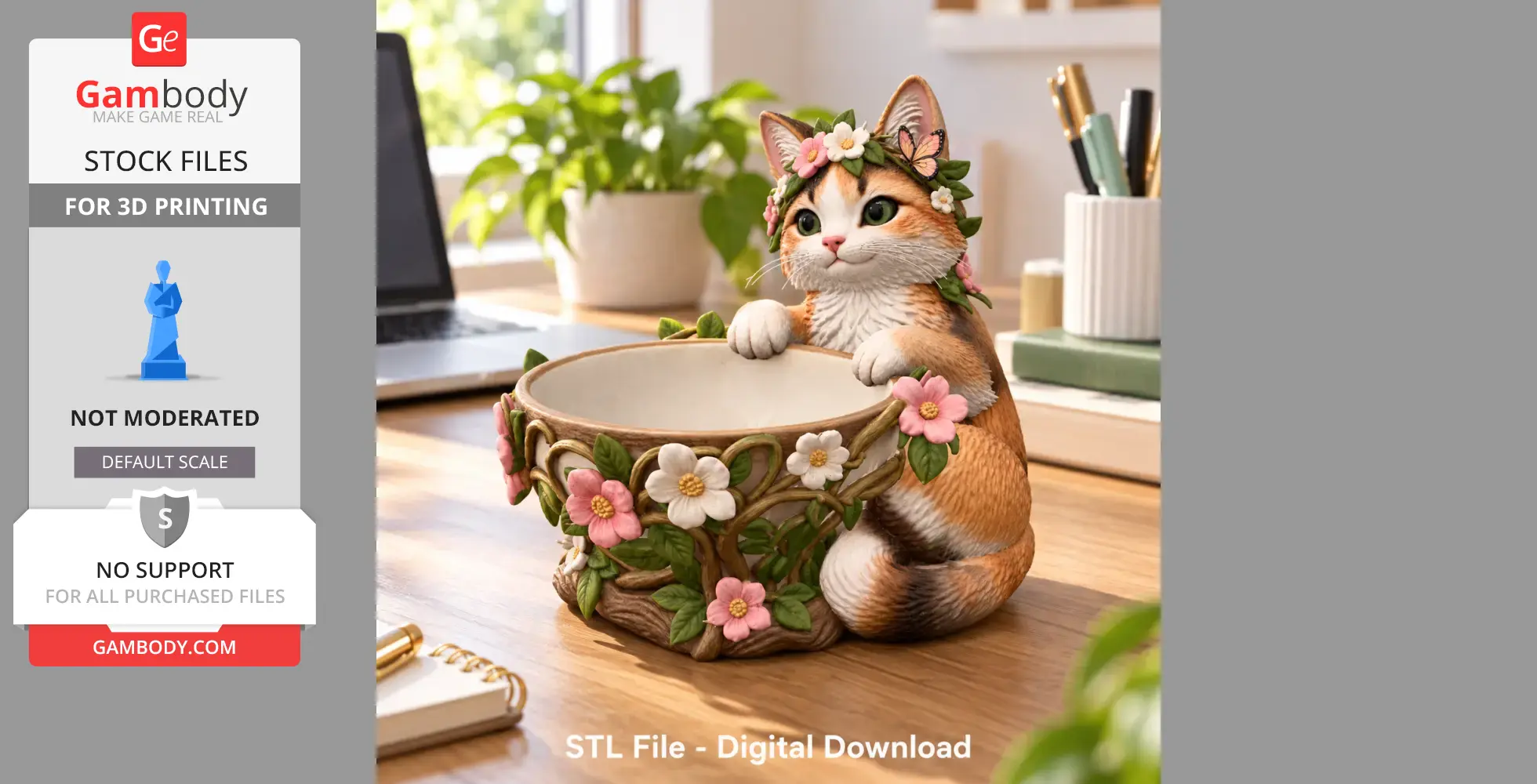 A cute cat figurine with a flower crown and floral trinket bowl, designed for 3D printing.