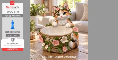 A cute cat with a flower crown hugging a floral-decorated trinket bowl.