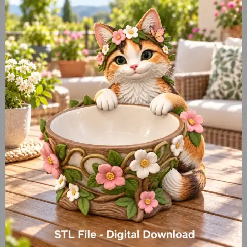 Cat with flower crown and floral bowl, sitting on a sunny outdoor table.