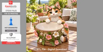 A cute cat with a flower crown holds a decorative trinket bowl adorned with pink and white flowers.