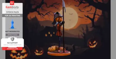 A pumpkin-headed figure in a hat holds a pole, set against a spooky, moonlit Halloween background.