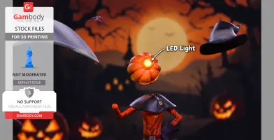 A headless figure with a glowing LED pumpkin head, witch hat, and cape, set against a Halloween-themed background.