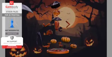 Disassembled Jack Pumpkinhead 3D model parts hover against a spooky Halloween background.