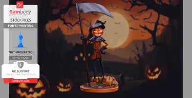 A scarecrow figure with a pumpkin head and scythe, standing on a base with pumpkins, set against a moonlit background.
