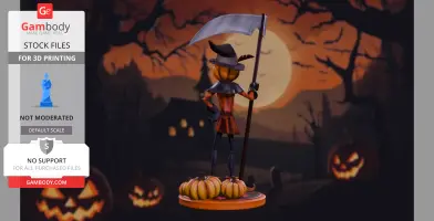 A pumpkin-headed figure with a scythe stands on pumpkins, set against a spooky moonlit landscape.
