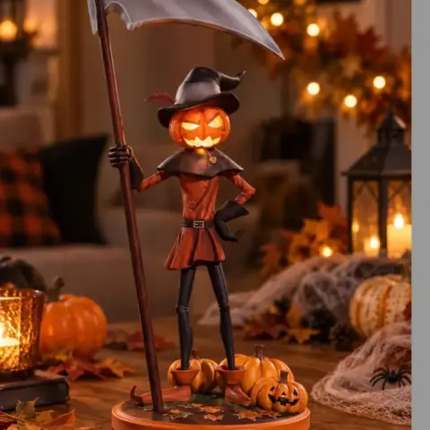Jack Pumpkinhead figurine with a pumpkin head, in a cape and hat, holding a scythe, surrounded by Halloween decor.