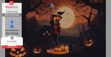 A pumpkin-headed figure in a witch hat with an axe, surrounded by pumpkins under a full moon.