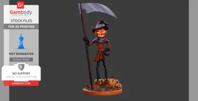 Pumpkin-headed figure with scythe, wearing a hat and cape, stands on a base with pumpkins.