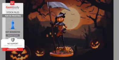 A scarecrow with a pumpkin head holds a scythe, set against a moonlit Halloween background.