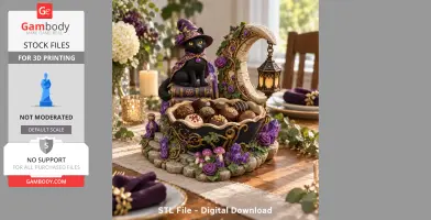 A witch-themed black cat sits on books by a crescent moon, beside a bowl of treats with ornate decorations.
