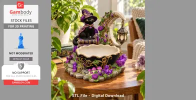 A whimsical crystal bowl organizer featuring a black cat in a witch hat with decorative purple accents.