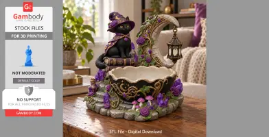 A witch cat by a crescent moon and lantern, on a decorative crystal and mushroom bowl base.