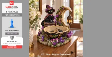 A witch cat figurine with a crystal bowl, lantern, and decorated with purple flowers and mushrooms.