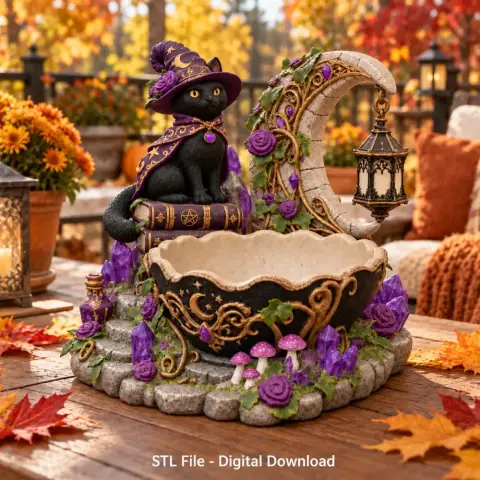 A whimsical cat in witch attire on a crescent moon, with a decorative bowl and autumn elements around.