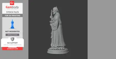 A detailed statue of a saint holding a cross, wearing robes, standing on a decorative base.