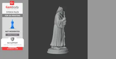 A detailed 3D statue of a cloaked figure holding a cross and a book, standing on a round base.