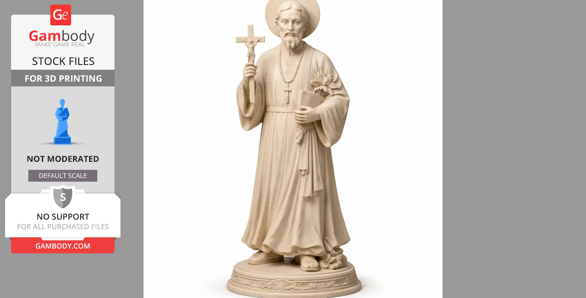 A 3D printable devotional statue of a bearded saint holding a cross and lilies.