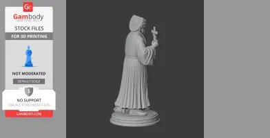 A devotional statue of a robed figure holding a cross, wearing a hat, standing on a circular base.
