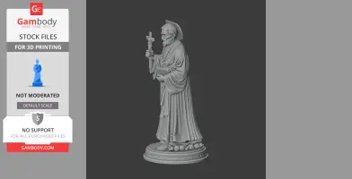 A 3D model of a saint holding a cross and book, wearing robes and standing on a decorative base.