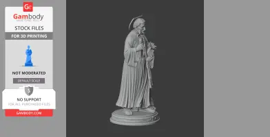A devotional statue of Saint Alberic Crescitelli holding a cross and flowers in a flowing robe.