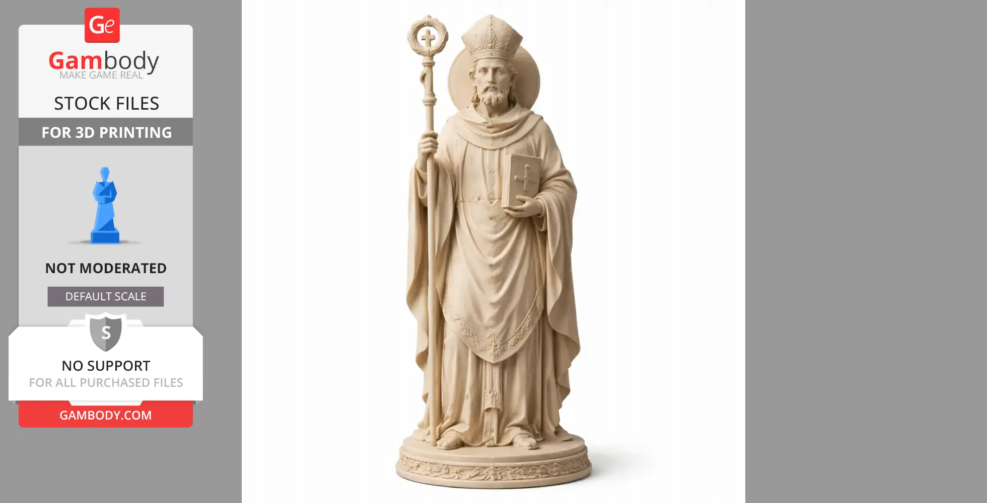 A 3D model of Saint Alberic I, holding a book and staff, wears a mitre and robe.