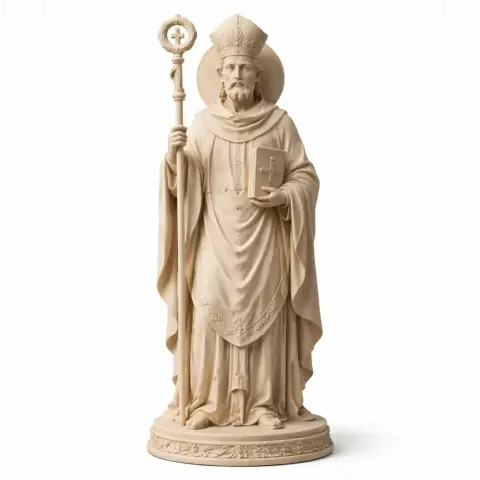 A detailed 3D statue of a bearded bishop holding a staff and book, wearing a mitre and robe.