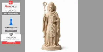 A 3D model of Saint Alberic I, holding a book and staff, wears a mitre and robe.