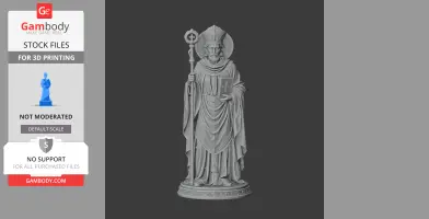 Statue of a bearded saint with a staff and book, wearing a mitre and flowing robes.