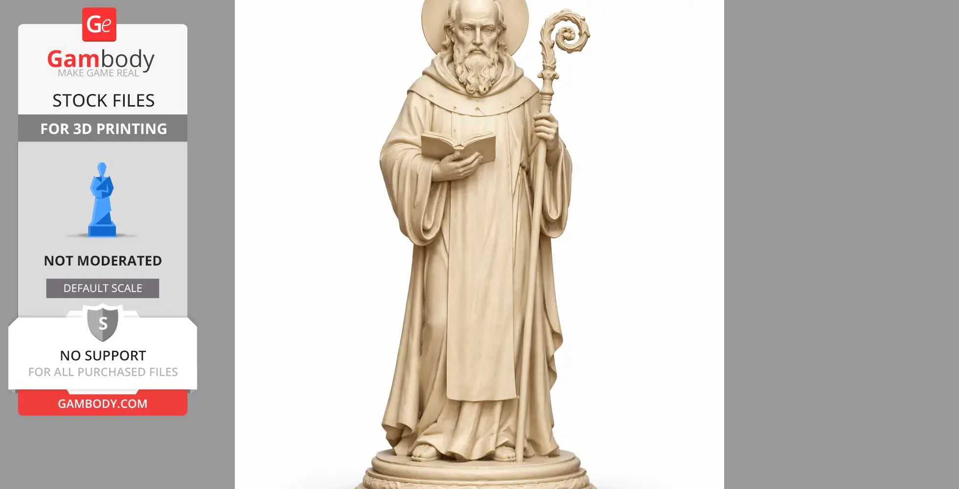 Bearded monk holding a book and staff, wearing a robe with a halo on a round base.