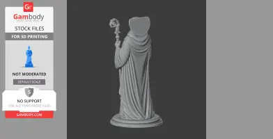 3D model of a robed figure holding a decorative staff, viewed from the back.
