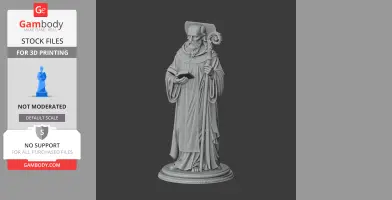 A detailed statue of a bearded saint holding a staff and book, wearing a robe and hat, stands on a circular base.
