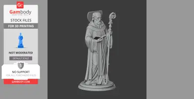 A 3D printable statue of a bearded monk holding a staff and a book, wearing a robe and hat.