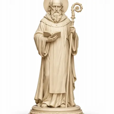 A detailed statue of Saint Alberic holding a book and a staff, with a halo, in a devotional pose.