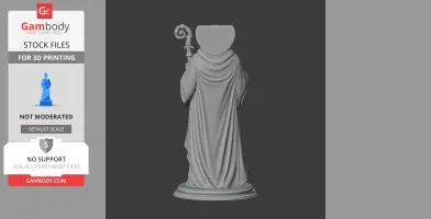 A faceless robed figure with a staff, standing on a circular base, viewed from the back.