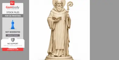 Bearded monk holding a book and staff, wearing a robe with a halo on a round base.