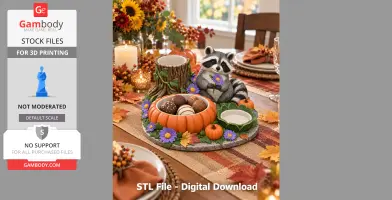 A raccoon-themed autumn table organizer with a pumpkin and decorations for holding items.
