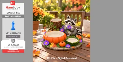 Raccoon figurine with flowers, pumpkin bowls, and leaves on a wooden surface. Perfect for 3D printing.