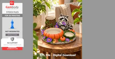 3D printed raccoon organizer with fall decor: pumpkins, flowers, and tree trunk theme.
