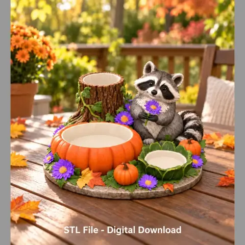 Raccoon-themed organizer with pumpkins, tree trunk, and purple flowers, perfect for autumn decor.