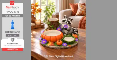 Cute raccoon organizer with pumpkins, flowers, and a tree stump design for 3D printing.