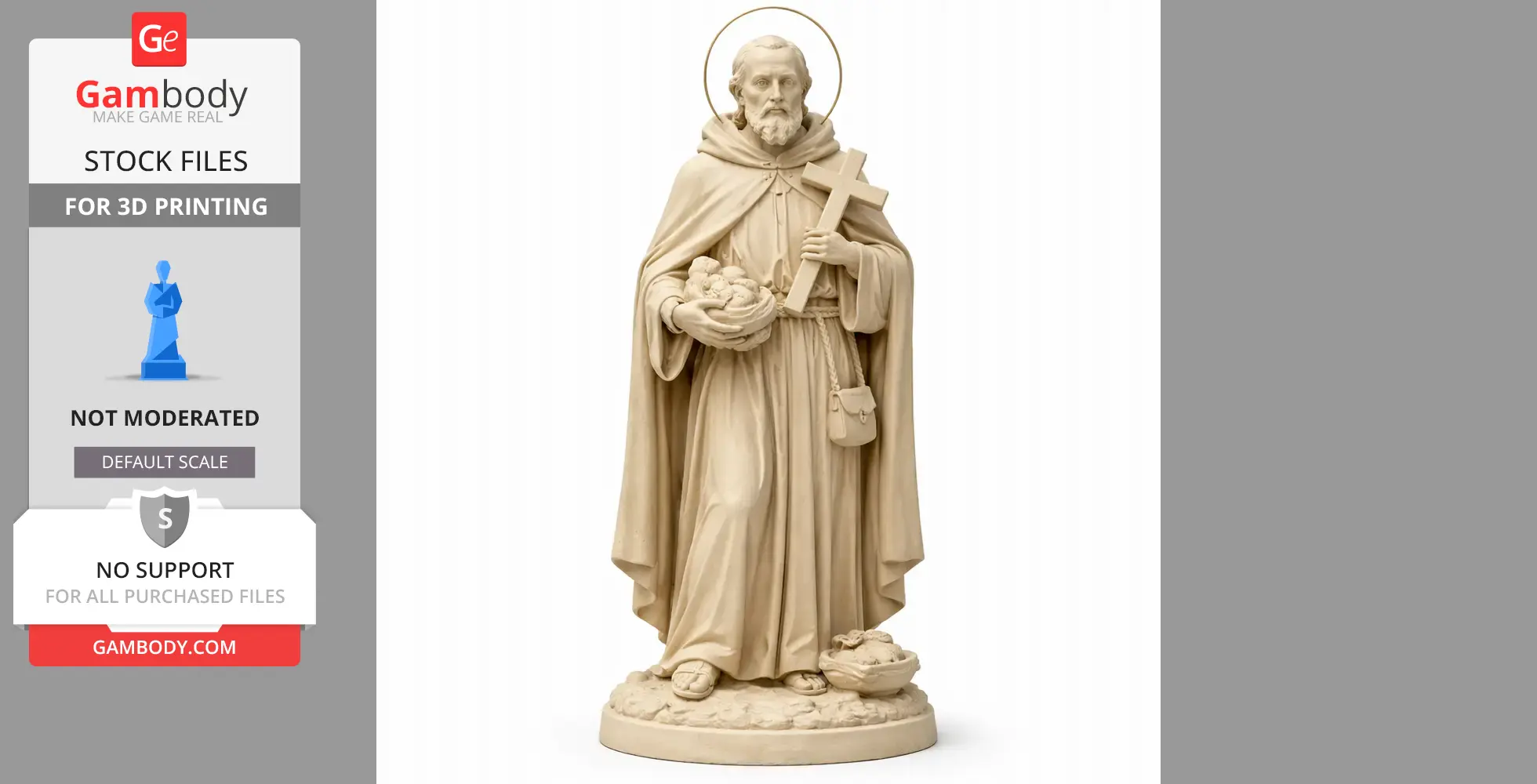 A 3D statue of a bearded saint holding a cross and basket, designed for 3D printing.
