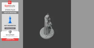 A detailed 3D printable statue of a robed figure standing on a circular base, with a halo above the head.